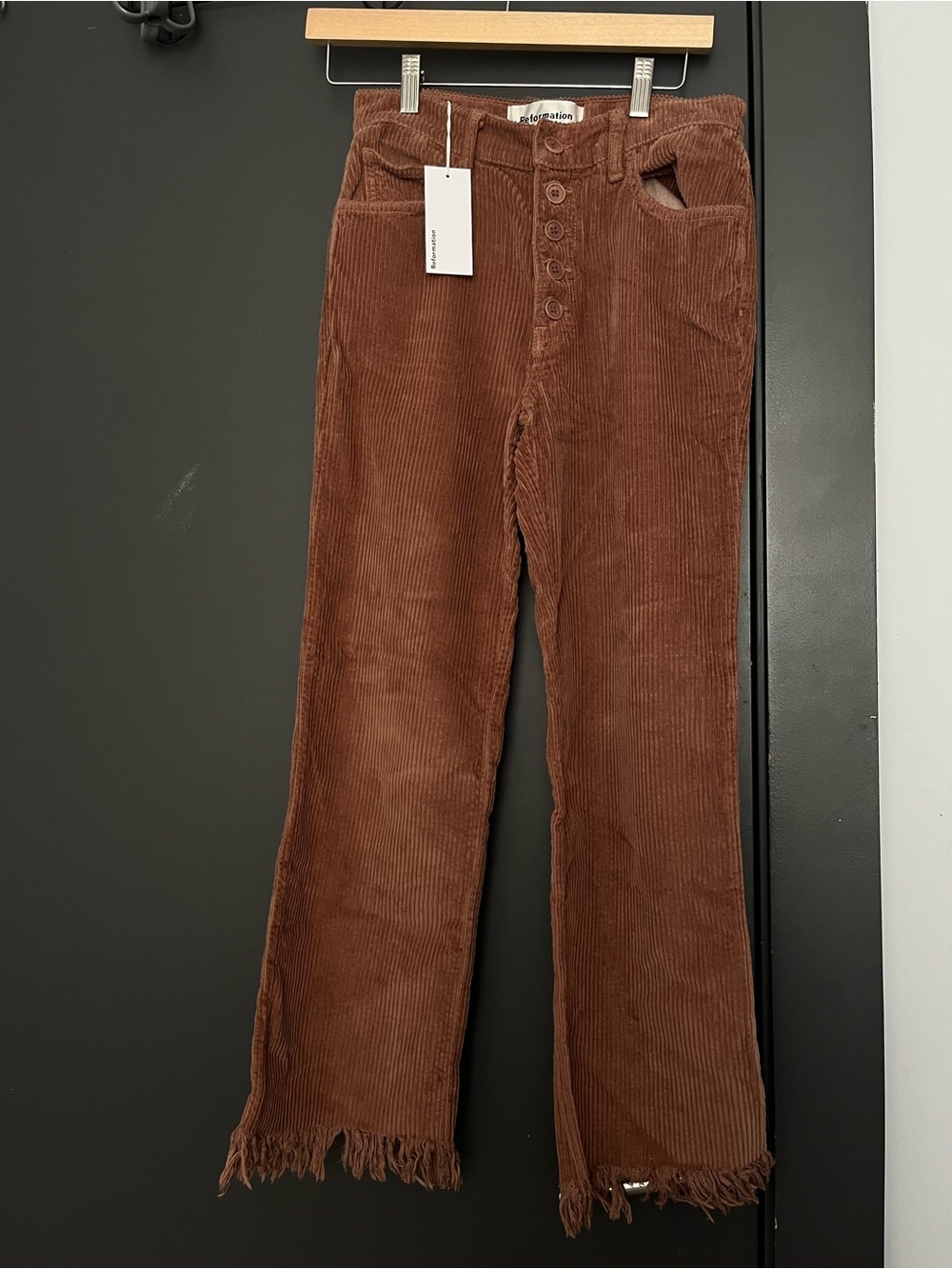 Reformation Men's Corduroy Button-Fly Pants in Chestnut Brown